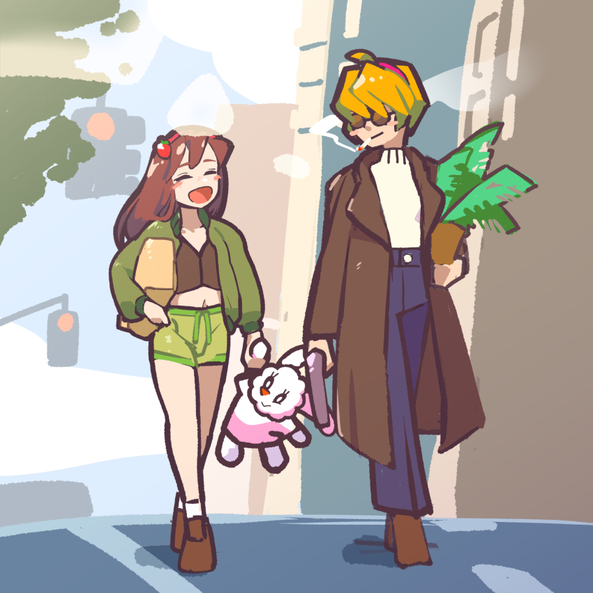 2girls :d alice_margatroid alternate_costume bag black_shirt blue_pants blush_stickers brown_coat brown_hair brown_shoes cigarette closed_mouth coat commentary_request cookie_(touhou) fluffy_fluffy_rabbit-chan food-themed_hair_ornament full_body green_jacket green_shorts gun hair_ornament hair_over_eyes hairband highres holding holding_bag holding_gun holding_weapon ichigo_(cookie) jacket jigen_(cookie) long_bangs long_hair looking_at_another looking_to_the_side midriff multiple_girls navel open_clothes open_coat open_jacket open_mouth outdoors pants red_hairband shirt shoes short_hair shorts smile smoking strawberry_hair_ornament stuffed_animal stuffed_rabbit stuffed_toy touhou traffic_light ukiwagirl walking weapon white_shirt