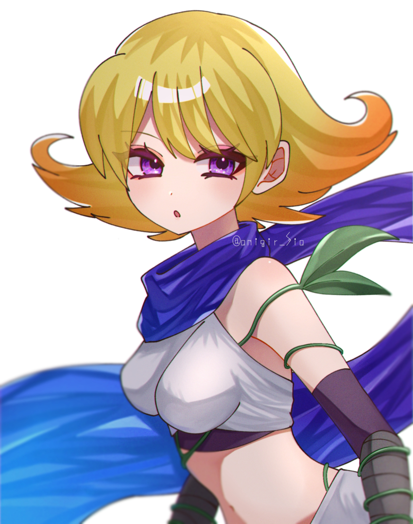 1girl absurdres blue_scarf breasts highres kid_icarus kid_icarus_uprising looking_at_viewer midriff multicolored_hair navel nintendo onigiri_(onigir_sio) orange_hair parted_lips phosphora plant purple_eyes scarf simple_background two-tone_hair vines white_background