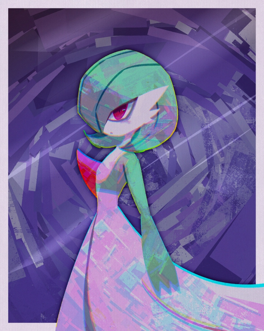 1girl bags_under_eyes bob_cut border chromatic_aberration closed_mouth colored_skin creatures_(company) female_focus flat_chest from_side game_freak gardevoir gen_3_pokemon green_hair green_skin hair_over_one_eye mr_h202 multicolored_skin nintendo one_eye_covered outside_border pokemon pokemon_(creature) purple_background red_eyes ringed_eyes short_hair solo standing two-tone_skin white_border white_skin