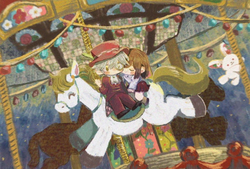 1boy 1girl ascot ayazuki_mei black_footwear blush_stickers boots brooch brown_eyes brown_footwear brown_hair carousel checkered_clothes checkered_jacket chibi closed_eyes closed_mouth collared_shirt commentary_request dutch_angle flower formal_clothes full_body gem green_gemstone half-closed_eye hat hat_flower heads_together hetero highres hishida_shunsou holding horse jacket jewelry lapels long_sleeves medium_hair meiji_tokyo_renka miniskirt monocle night no_mouth outdoors pants pleated_skirt rabbit red_hat red_jacket red_pants red_skirt red_sleeves red_suit riding round_eyewear shirt shoes short_hair sitting skirt sleeves_past_wrists smile sugi_haeru suit top_hat two-sided_fabric two-sided_jacket v-shaped_eyes white_ascot white_hair white_shirt white_sleeves yellow-framed_eyewear