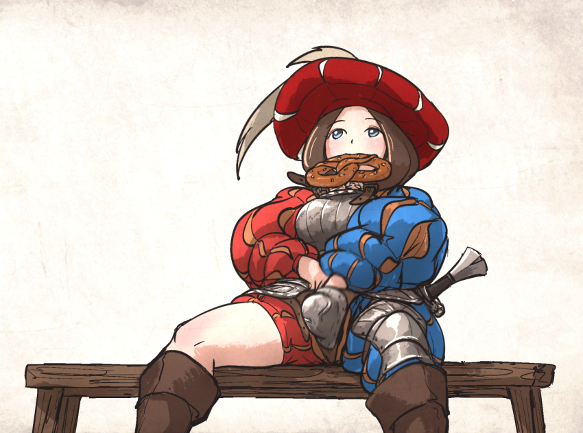 1girl armor bench blue_eyes boobplate boots breastplate brown_boots brown_hair codpiece food hand_under_clothes hat ironlily landsknecht landsknecht_(ironlily) long_sleeves original pretzel puffy_long_sleeves puffy_sleeves sitting solo wooden_bench
