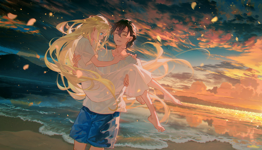 1boy 1girl ajiro_shinpei barefoot beach black_hair blonde_hair blue_eyes blue_shorts carrying closed_eyes commentary_request dress hair_between_eyes hairdressing hand_on_another&#039;s_shoulder hetero highres kofune_ushio long_hair looking_at_another open_mouth orange_clouds outdoors princess_carry shirt short_hair shorts summertime_render sunset tidsean very_long_hair white_dress white_shirt