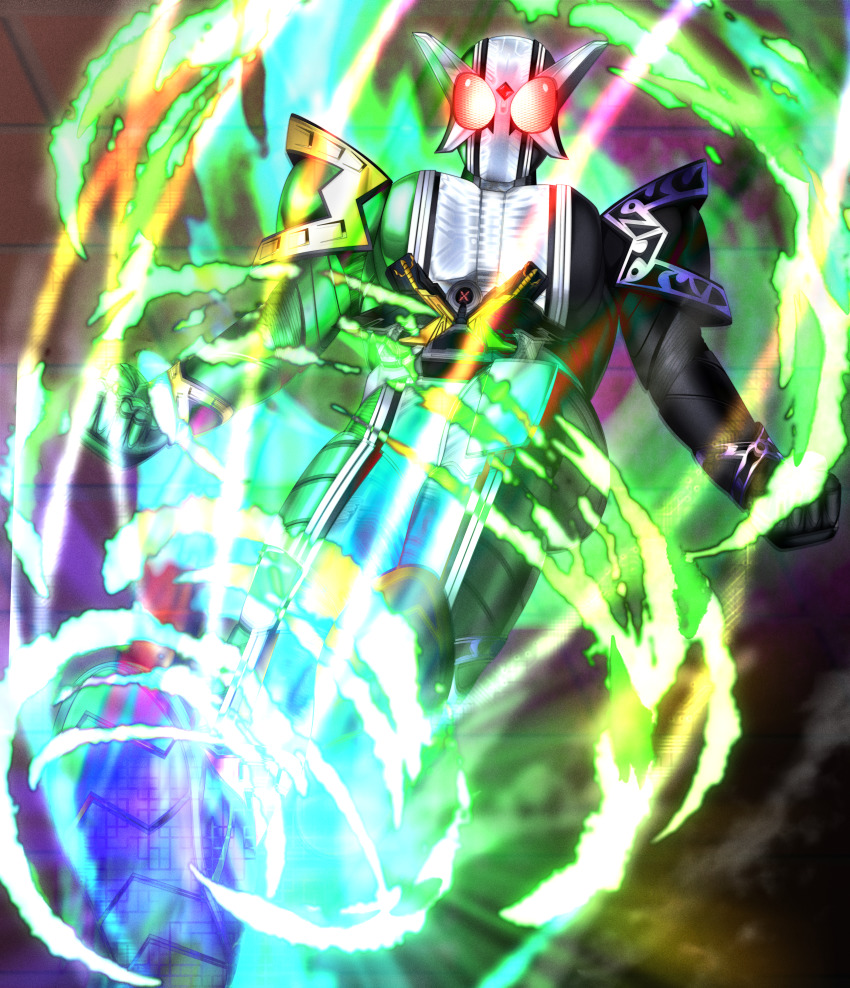 1boy absurdres armor clenched_hands commentary double_driver energy full_armor fuuto_tantei gaia_memory glowing glowing_eyes helmet highres kamen_rider kamen_rider_double kamen_rider_double_(cyclonejokerxtreme) kamen_rider_w male_focus red_eyes reiei_8 rider_belt rider_kick solo tokusatsu