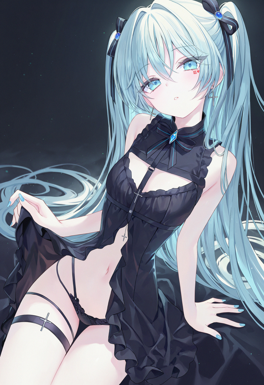 1girl 39 absurdres alternate_costume aqua_nails arm_at_side arm_support bare_arms bare_shoulders black_bow black_bowtie black_dress black_panties blue_brooch blush bow bowtie cc_lin chinese_commentary clothes_lift commentary commentary_request cowboy_shot cross cross_earrings dress dress_lift earrings english_commentary eyelashes eyes_visible_through_hair facial_tattoo film_grain frilled_dress frills green_eyes green_hair hair_between_eyes hair_bow hair_intakes hair_spread_out hatsune_miku head_tilt heart heart_tattoo highres jewelry lifting_own_clothes long_hair looking_at_viewer miku_day mixed-language_commentary nail_polish navel paid_reward_available panties parted_lips sitting sleeveless sleeveless_dress solo tattoo thigh_gap thigh_strap thighs tsurime two_side_up underwear very_long_hair vocaloid
