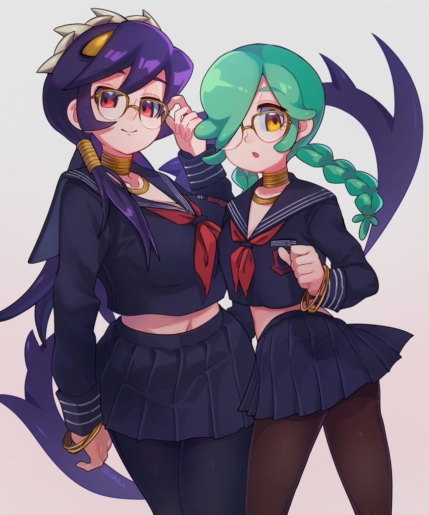 184nx 2girls :o adjusting_eyewear annie_(skullgirls) bracelet braid collarbone cosplay cowboy_shot eyepatch fate/extra fate_(series) filia_(skullgirls) green_hair highres jewelry long_hair multiple_girls necklace pantyhose pleated_skirt purple_hair rani_viii rani_viii_(cosplay) red_eyes sailor_collar samson_(skullgirls) school_uniform semi-rimless_eyewear skirt skullgirls smile twin_braids yellow_eyes