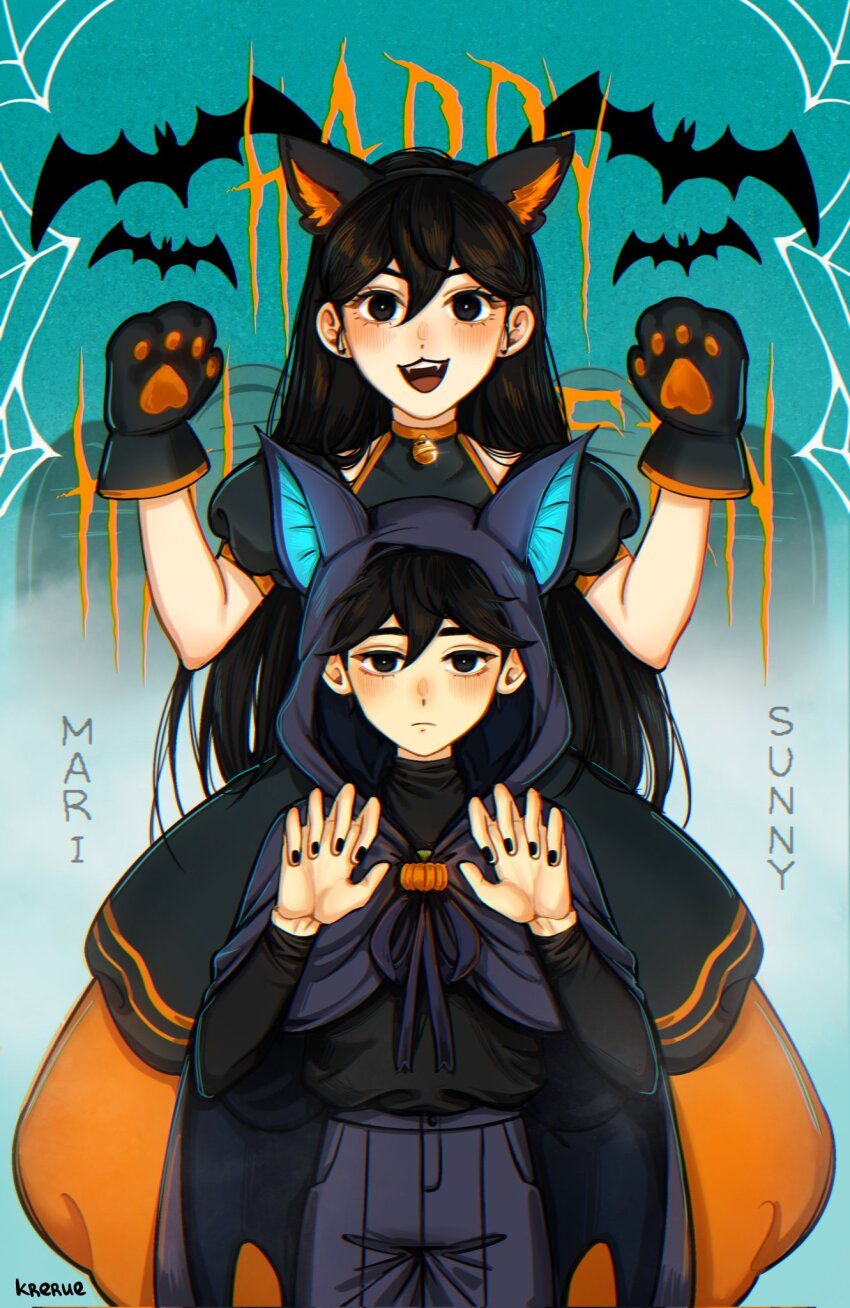 1boy 1girl alternate_costume animal_ear_hairband animal_ears artist_name bell black_dress black_eyes black_hair black_nails black_pants blush bright_pupils brother_and_sister cat_ears character_name choker closed_mouth corrupted_twitter_file double-parted_bangs dress fake_animal_ears fangs hair_between_eyes hairband halloween_costume happy_halloween highres krerue long_hair long_sleeves looking_at_viewer mari_(faraway)_(omori) mari_(omori) neck_bell omori open_mouth orange_choker pants puffy_short_sleeves puffy_sleeves short_sleeves siblings smile sunny_(omori) teeth upper_teeth_only white_pupils