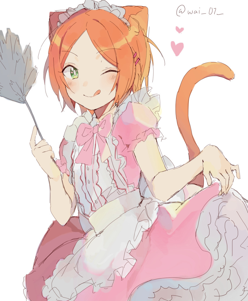 1boy :q absurdres alternate_costume animal_ears aoi_hinata apron bow bowtie bright_pupils cat_ears cat_tail center_frills commentary cowboy_shot dress duster enmaided ensemble_stars! frilled_apron frilled_sleeves frills green_eyes heart highres holding maid maid_headdress male_focus one_eye_closed orange_hair parted_bangs petticoat pink_bow pink_bowtie pink_dress puffy_short_sleeves puffy_sleeves short_dress short_hair short_sleeves skirt_hold tail tongue tongue_out trap wai_01 white_pupils