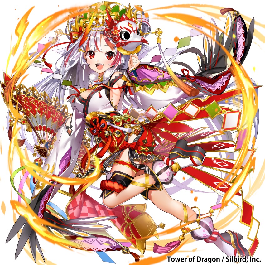 1girl :d bird_mask blush breasts commentary_request female_focus flower folding_fan full_body hairdressing hand_fan highres japanese_clothes kimono leg_up long_hair long_sleeves looking_at_viewer magic mask masyu_yuyu medium_breasts mole mole_under_eye obi official_art open_mouth red_eyes red_ribbon ribbon sash sideboob silver_hair simple_background smile solo thighhighs tower_of_dragon very_long_hair white_background white_thighhighs wide_sleeves