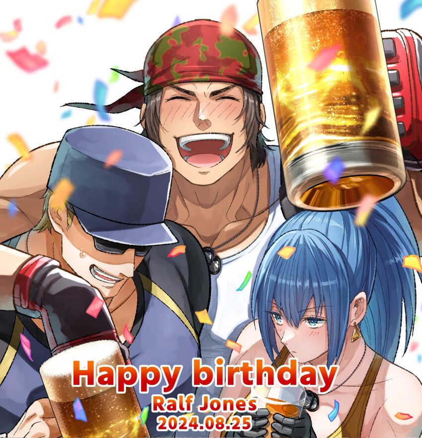 1girl 2boys alcohol bandana bare_shoulders baseball_cap beer beer_mug birthday blonde_hair blue_eyes blue_hair blush brown_hair celebration character_name clark_still confetti cup dated dog_tags drunk earrings gloves happy_birthday hat highres holding holding_cup jewelry leona_heidern ma0hphm8y9r4r43 mug multicolored_shirt multiple_boys muscular open_mouth ralf_jones smile sunglasses tank_top the_king_of_fighters triangle_earrings user_jmzg2528 white_tank_top yellow_tank_top