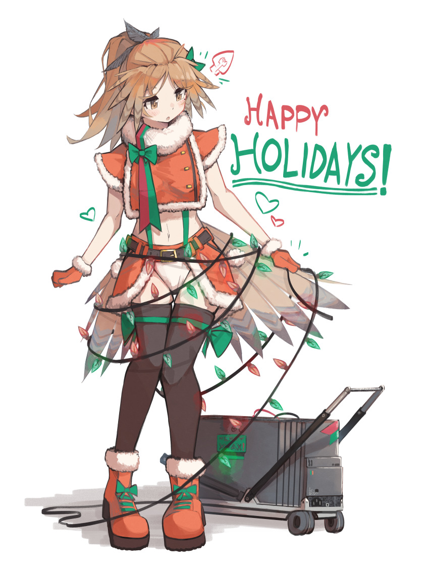1girl :o absurdres arknights belt black_belt blush boots christmas christmas_lights crop_top feather_hair full_body fur-trimmed_boots fur-trimmed_gloves fur-trimmed_shirt fur-trimmed_skirt fur_trim generator gloves green_ribbon happy_holidays highres long_hair open_mouth orange_boots orange_eyes panties pinecone_(arknights) ponytail red_gloves red_shirt red_skirt ribbon santa_costume shirt simple_background skindentation skirt solo standing thigh_strap thighhighs togekk0 underwear white_background white_panties