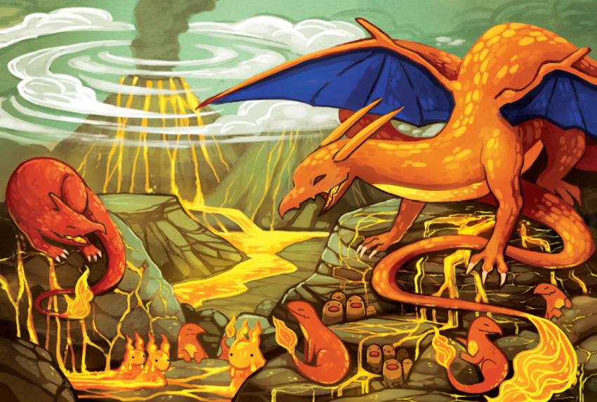 animal_focus charizard charmander charmeleon claws commentary diglett dragon english_commentary flame-tipped_tail full_body game_freak gen_1_pokemon gen_2_pokemon lava michellescribbles nintendo no_humans open_mouth outdoors pokemon pokemon_(creature) slugma smoke volcano