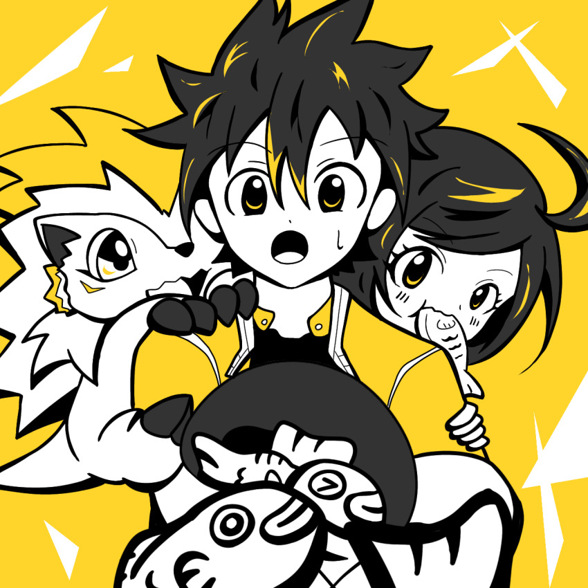 black_hair blonde_hair blush digimon digimon_(creature) digimon_rearise female_protagonist_(digimon_rearise) food herissmon highres male_protagonist_(digimon_rearise) multicolored_hair open_mouth short_hair