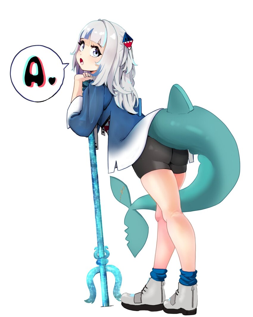 1girl a_(phrase) animal_costume animal_hood bike_shorts blue_eyes blue_hair blue_hoodie blunt_bangs dai_roku_ten_mao fins fish_tail gawr_gura gawr_gura_(1st_costume) grey_hair hair_ornament highres hololive hololive_english hood hoodie leaning_on_object looking_at_viewer looking_back multicolored_hair open_mouth polearm shark_costume shark_girl shark_hair_ornament shark_hood shark_print shark_tail solo speech_bubble streaked_hair tail teeth trident two_side_up virtual_youtuber weapon white_background