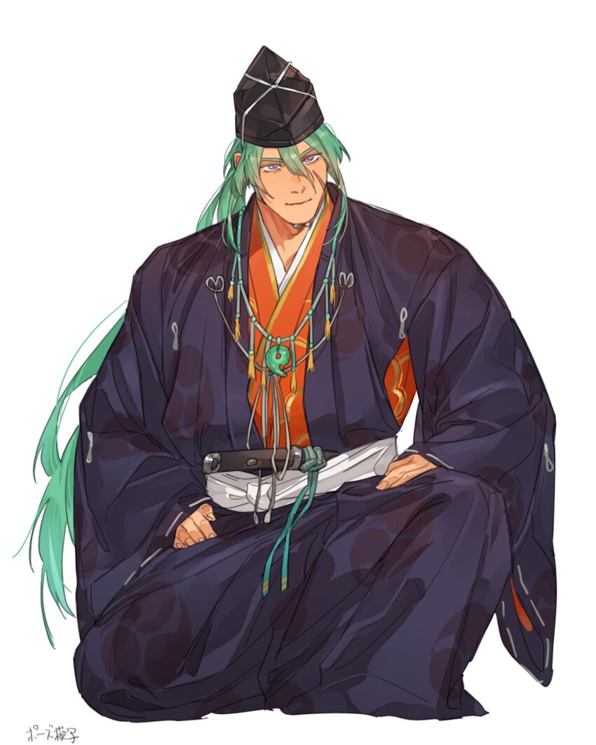 1boy alternate_costume bbbb_fex facial_scar fate/grand_order fate_(series) full_body haori hat heian highres japanese_clothes jewelry kimono layered_clothes layered_kimono long_hair long_sleeves magatama magatama_necklace male_focus necklace on_one_knee orange_kimono ponytail scar scar_on_cheek scar_on_face smile solo tate_eboshi tawara_touta_(fate) thick_eyebrows very_long_hair