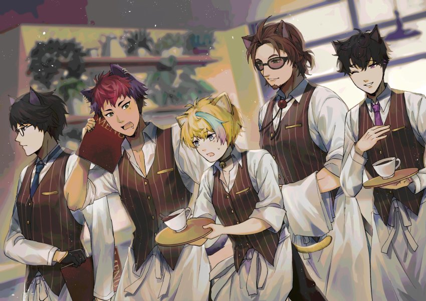 5boys animal_ears apron black_choker black_hair black_pants blonde_hair blue_neckwear bonnivier_pranaja brown_vest cafe cat_boy cat_ears choker coffee collared_shirt cup fang gradient_hair green_hair highres holding holding_tray kemonomimi_mode looking_ahead male_focus multicolored_hair multiple_boys necktie nekopara_-_catboys_paradise nekopara_catboys_paradise nijisanji nijisanji_id one_eye_closed pants pink_hair purple_hair rai_galilei red_hair reza_avanluna riksa_dhirendra shirt smile sunglasses taka_radjiman tray uniform vest virtual_youtuber white_shirt yakksan