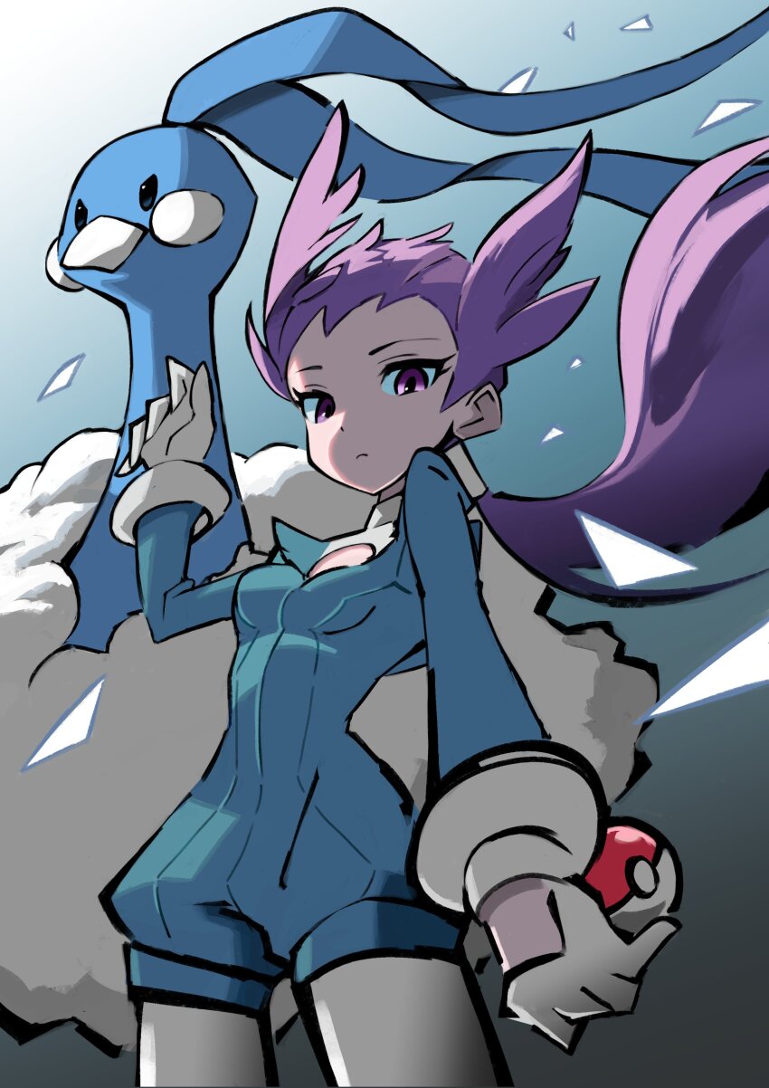 1girl absurdres altaria breasts closed_mouth commentary gen_3_pokemon gloves gradient_hair hair_wings highres holding holding_poke_ball long_hair long_sleeves looking_at_viewer multicolored_hair nintendo no_headwear pantyhose poke_ball poke_ball_(basic) pokemon pokemon_(creature) pokemon_oras ponytail purple_eyes purple_hair shakeeeeeeeee simple_background small_breasts white_gloves white_pantyhose winona_(pokemon)