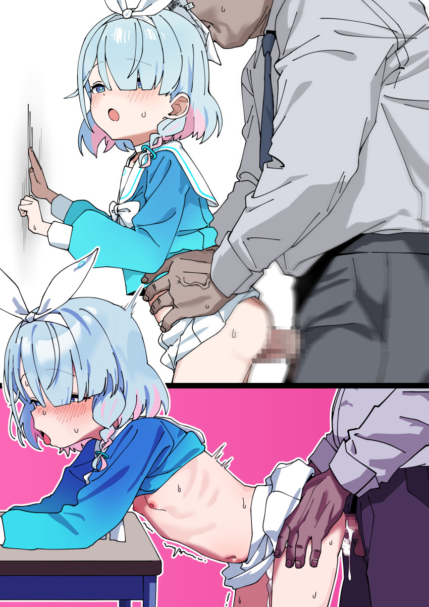 1boy 1girl absurdres arona_(blue_archive) artistic_error black_pants blue_archive blue_eyes blue_hair blue_necktie blue_shirt blush bow bow_hairband braid breasts censored colored_inner_hair commentary desk hair_bow hair_over_one_eye hairband hetero highres loli long_sleeves miniskirt mosaic_censoring mozako multicolored_hair navel necktie nipples no_halo open_mouth pants penis pink_hair pleated_skirt puffy_long_sleeves puffy_sleeves sailor_collar sailor_shirt school_desk school_uniform serafuku sex sex_from_behind shirt short_hair side_braid single_braid skirt small_breasts tongue tongue_out two-tone_hair vaginal white_bow white_hairband white_sailor_collar white_skirt