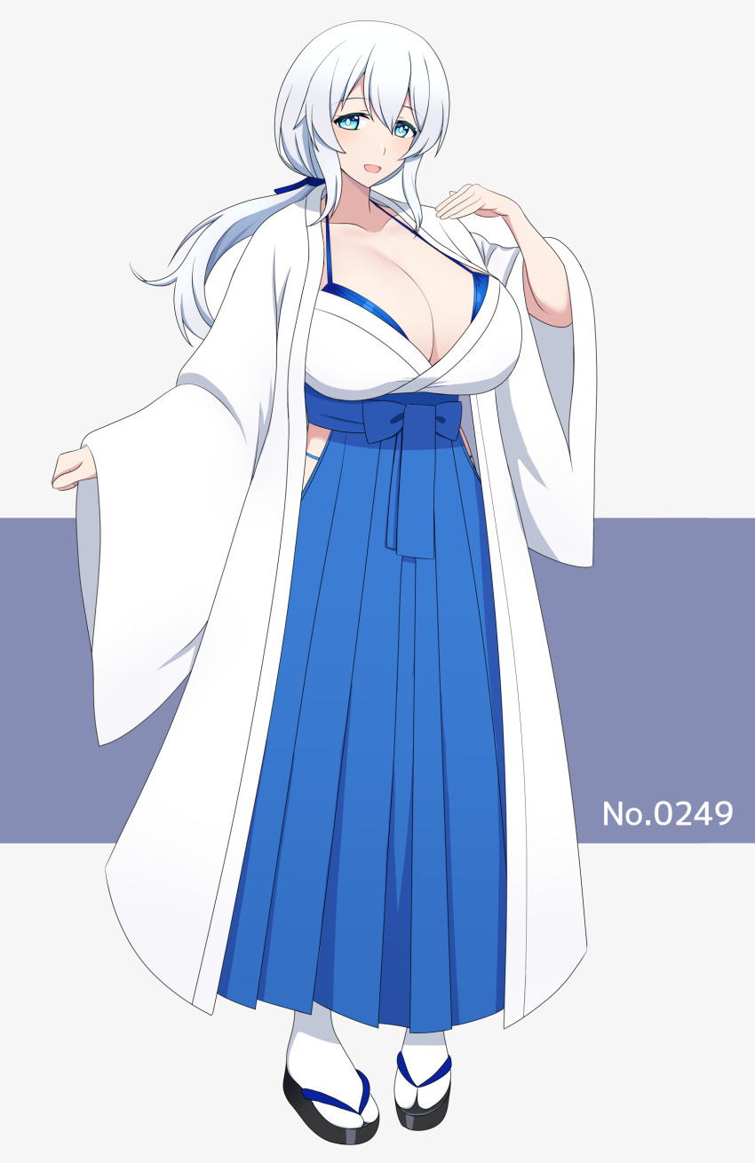 1girl absurdres blue_eyes blue_hakama breasts cleavage full_body gen_2_pokemon hakama hakama_skirt highres hip_vent huge_breasts japanese_clothes legendary_pokemon long_hair lugia miko nintendo open_mouth personification pokedex_number pokemon skirt smile solo sumiboshi_(zatsuha) tabi white_background