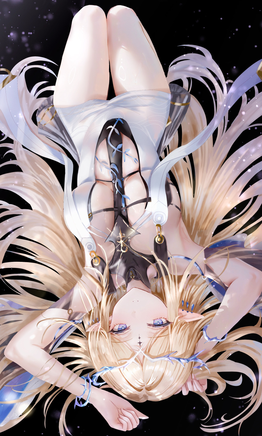 1girl absurdres age_fx arms_up bare_shoulders black_collar black_dress blonde_hair blue_eyes breasts cartethyia_(wuthering_waves) chinese_commentary collar commentary_request crown_of_thorns dress earrings from_above hair_spread_out highres jewelry knees_up long_hair looking_at_viewer lying medium_breasts necklace on_back parted_bangs parted_lips pointy_ears sidelocks solo tabard tacet_mark_(wuthering_waves) thighs very_long_hair white_tabard wuthering_waves