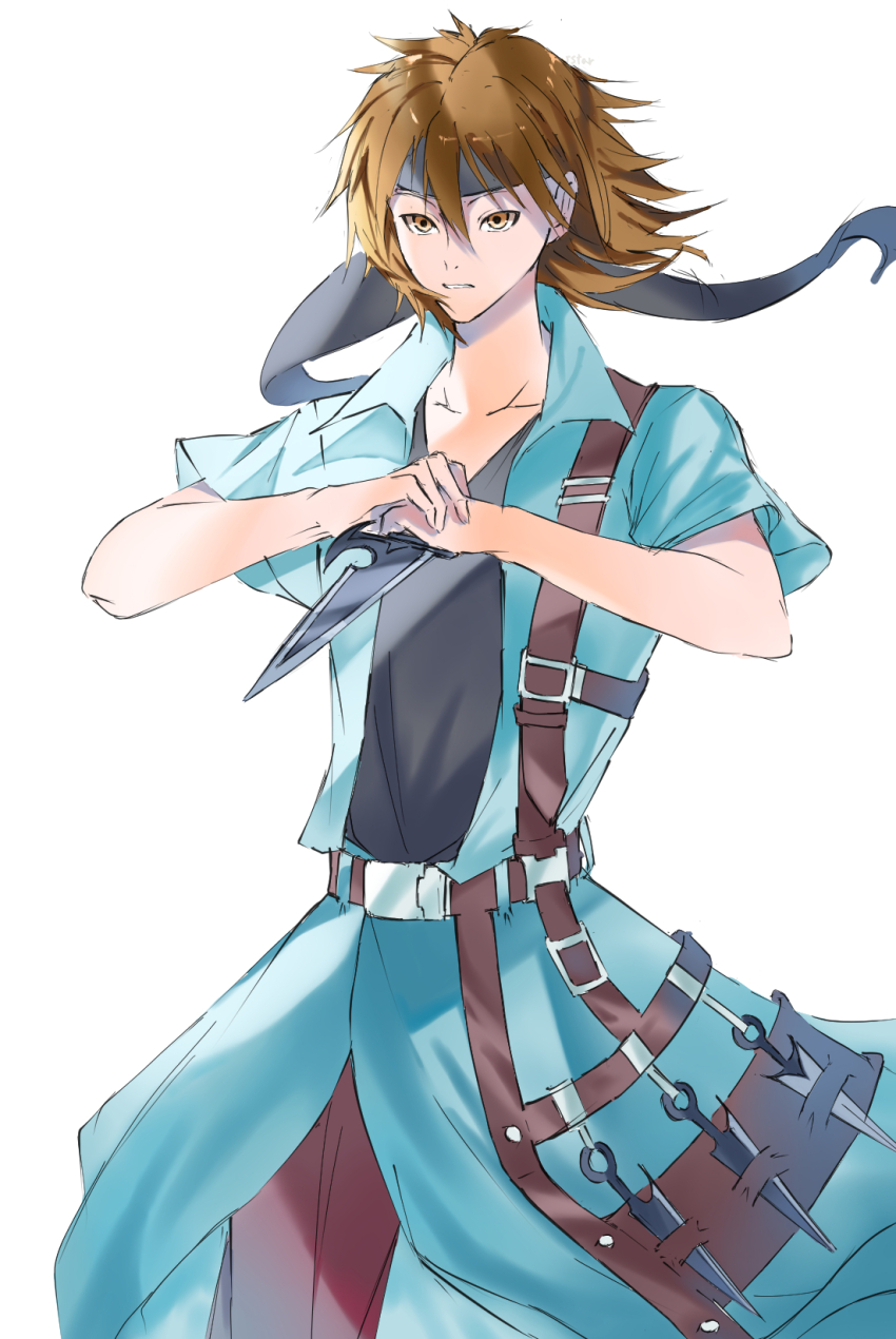 1other androgynous bare_arms belt belt_buckle black_headband black_shirt brown_belt brown_eyes brown_hair buckle coat collarbone collared_coat commentary_request cowboy_shot dagger expressionless floating_clothes floating_hair green_coat hair_between_eyes hand_on_hand headband highres holding holding_dagger holding_knife holding_weapon knife kurohebi len&#039;en looking_at_viewer medium_hair multiple_belts nostrils open_clothes open_coat other_focus own_hands_together pants parted_lips red_pants sheath sheathed shirt short_sleeves shoulder_belt simple_background solo standing weapon white_background yoni.