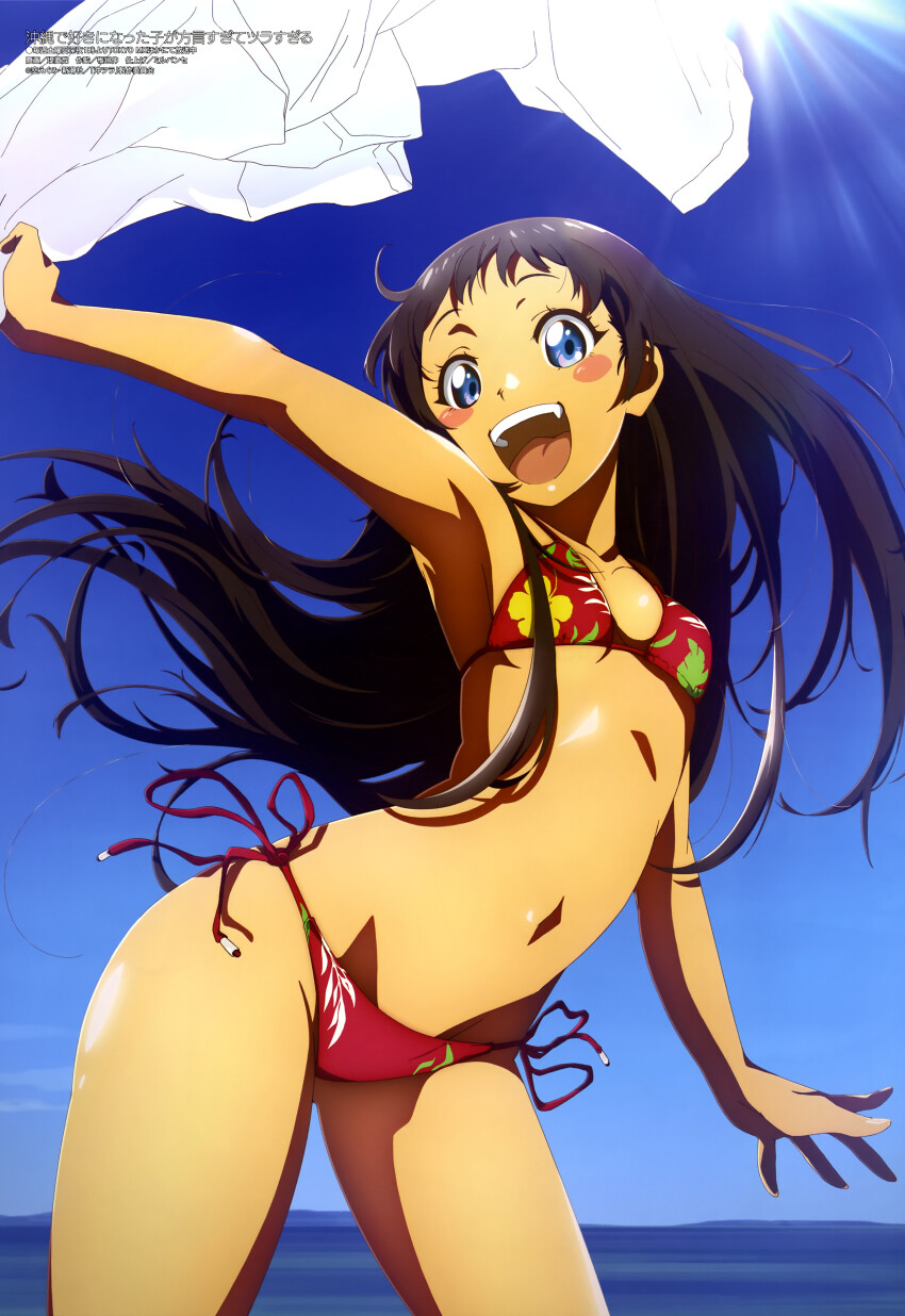 1girl :d absurdres ahoge arm_up armpits bikini black_hair blue_eyes blue_sky blush_stickers breasts copyright_name copyright_notice dark-skinned_female dark_skin day dress dress_shirt fang floral_print_bikini from_below groin highres horizon itagaki_shin kyan_hina long_hair looking_at_viewer looking_down magazine_scan megami_magazine navel ocean official_art okinawa_de_suki_ni_natta_ko_ga_hougen_sugite_tsurasugiru open_mouth outdoors red_bikini scan shiny_skin shirt side-tie_bikini_bottom sidelocks sky small_breasts smile solo standing stomach sunlight swimsuit teeth unworn_shirt upper_teeth_only white_dress white_shirt