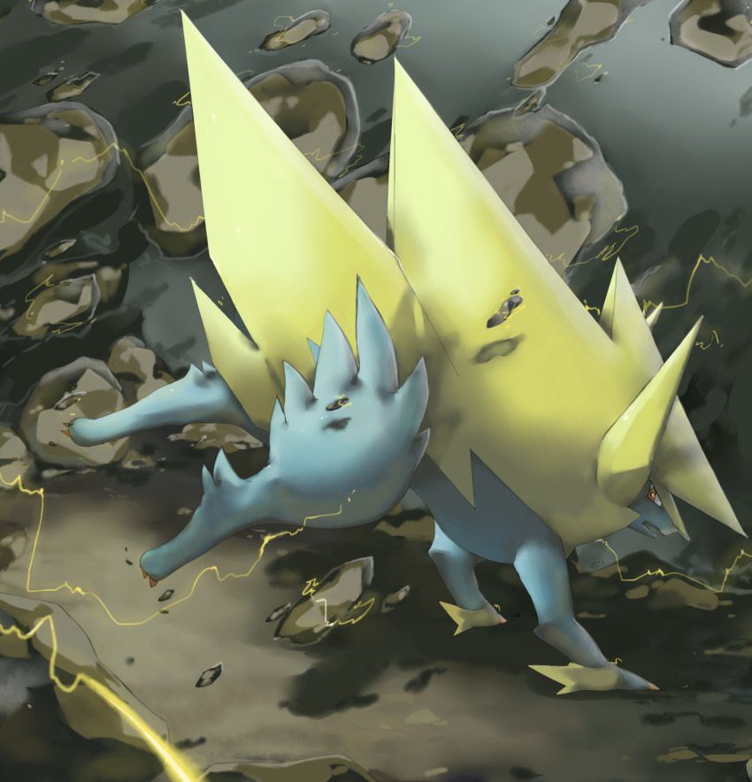 brown_eyes claws commentary creature electricity english_commentary full_body gen_3_pokemon highres manectric mega_manectric mega_pokemon nintendo no_humans pinkgermy pokemon pokemon_(creature) rock solo
