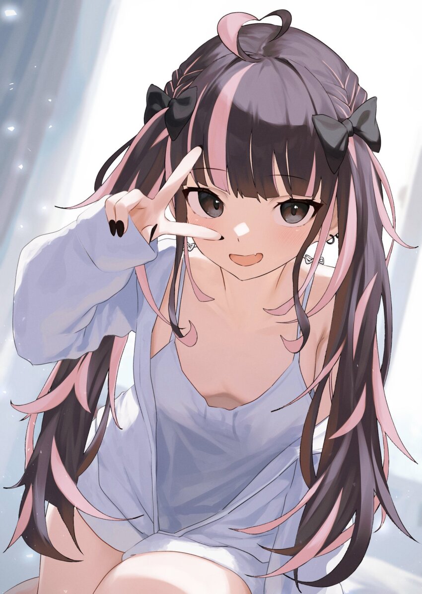 1girl ahoge backlighting bare_legs black_eyes black_hair black_nails bow braid breasts cardigan cleavage commission cowboy_shot curtains earrings fang flat_chest hair_bow hand_up heart heart_ahoge highres indie_virtual_youtuber jewelry kirishima_akeri kneeling kuchisode light_blush light_particles long_hair long_sleeves looking_at_viewer messy_hair multicolored_hair nail_polish open_cardigan open_clothes open_mouth pinching_sleeves pink_hair second-party_source shirt shorts side_braid skin_fang sleeves_past_wrists small_breasts smile solo streaked_hair twintails v v_over_eye virtual_youtuber white_shirt white_shorts window