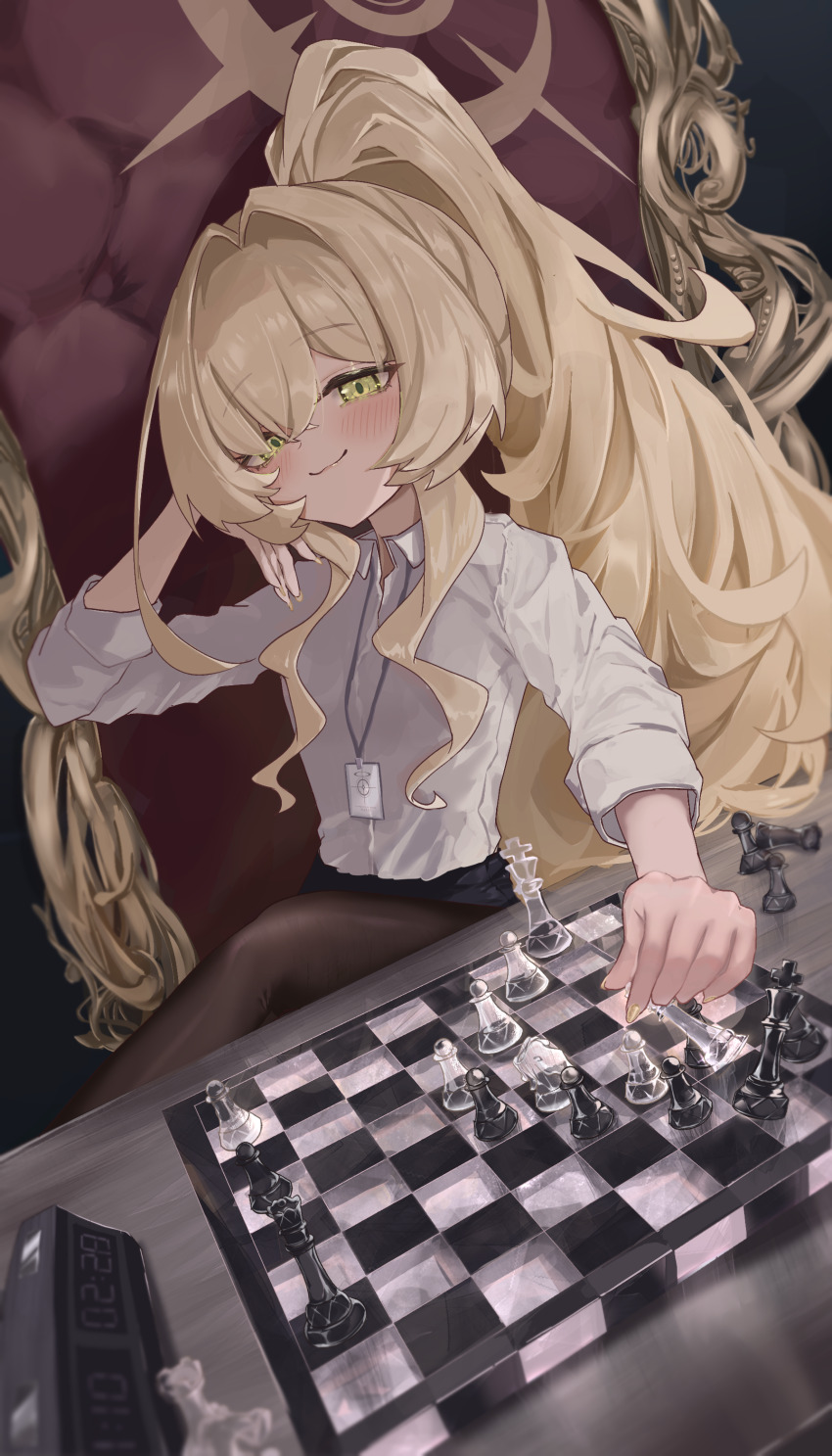 1girl :3 absurdres black_pantyhose black_skirt blonde_hair blue_archive blush board_game chair chess chess_piece closed_mouth green_eyes hair_between_eyes halo hand_on_own_cheek hand_on_own_face highres holding holding_chess_piece id_card long_hair looking_at_viewer nekoplanetouo pantyhose ponytail professor_niyaniya_(blue_archive) professor_niyaniya_(teacher)_(blue_archive) shirt sidelocks skirt smile white_shirt