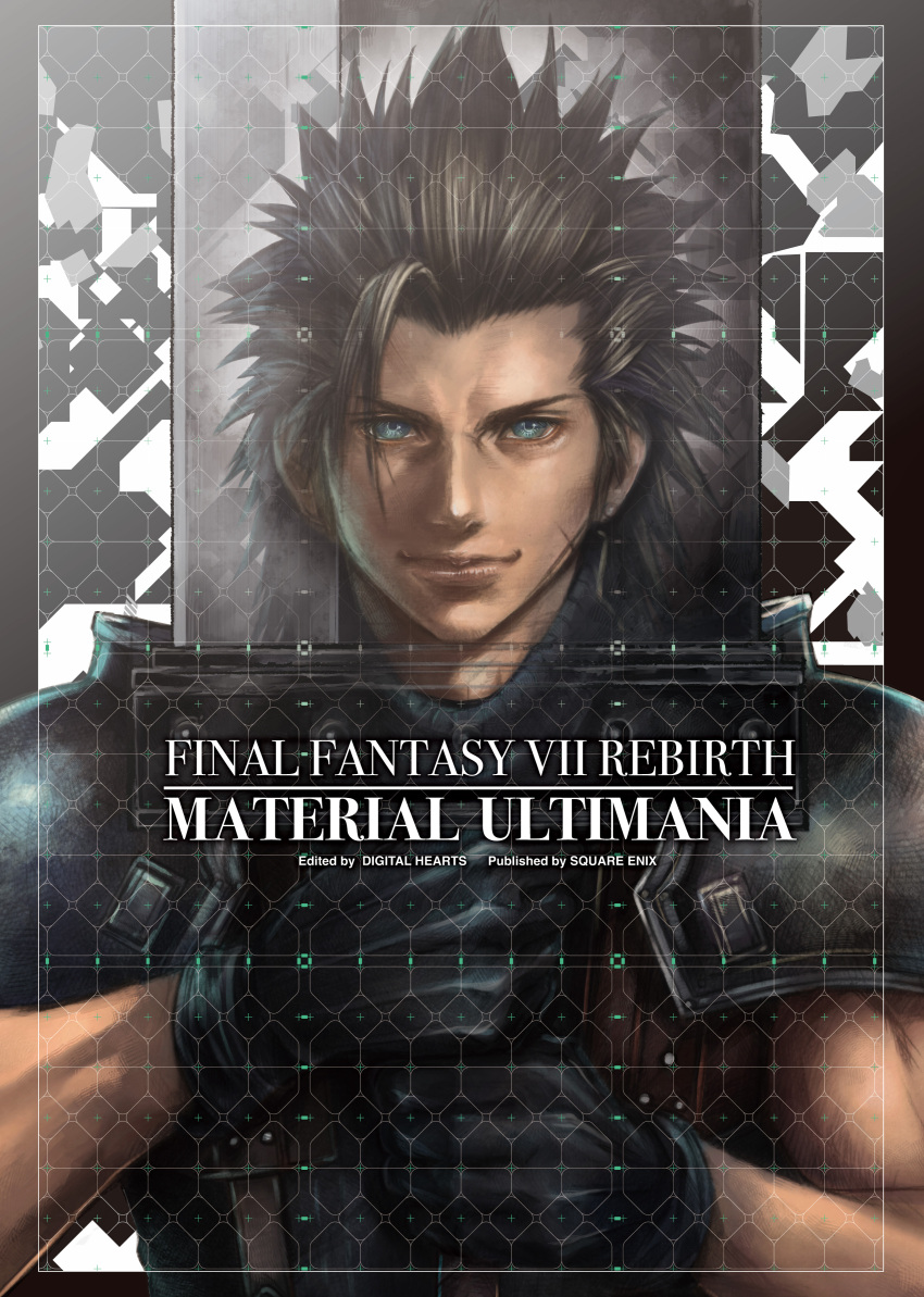 1boy absurdres armor black_gloves black_hair blue_eyes buster_sword copyright_name cover cover_page cross_scar english_text facial_scar final_fantasy final_fantasy_vii final_fantasy_vii_rebirth final_fantasy_vii_remake gloves highres holding holding_sword holding_weapon logo looking_at_viewer male_focus nomura_tetsuya official_art pauldrons scar scar_on_cheek scar_on_face short_hair shoulder_armor smile solo spiked_hair square_enix sword turtleneck upper_body weapon x-ray zack_fair