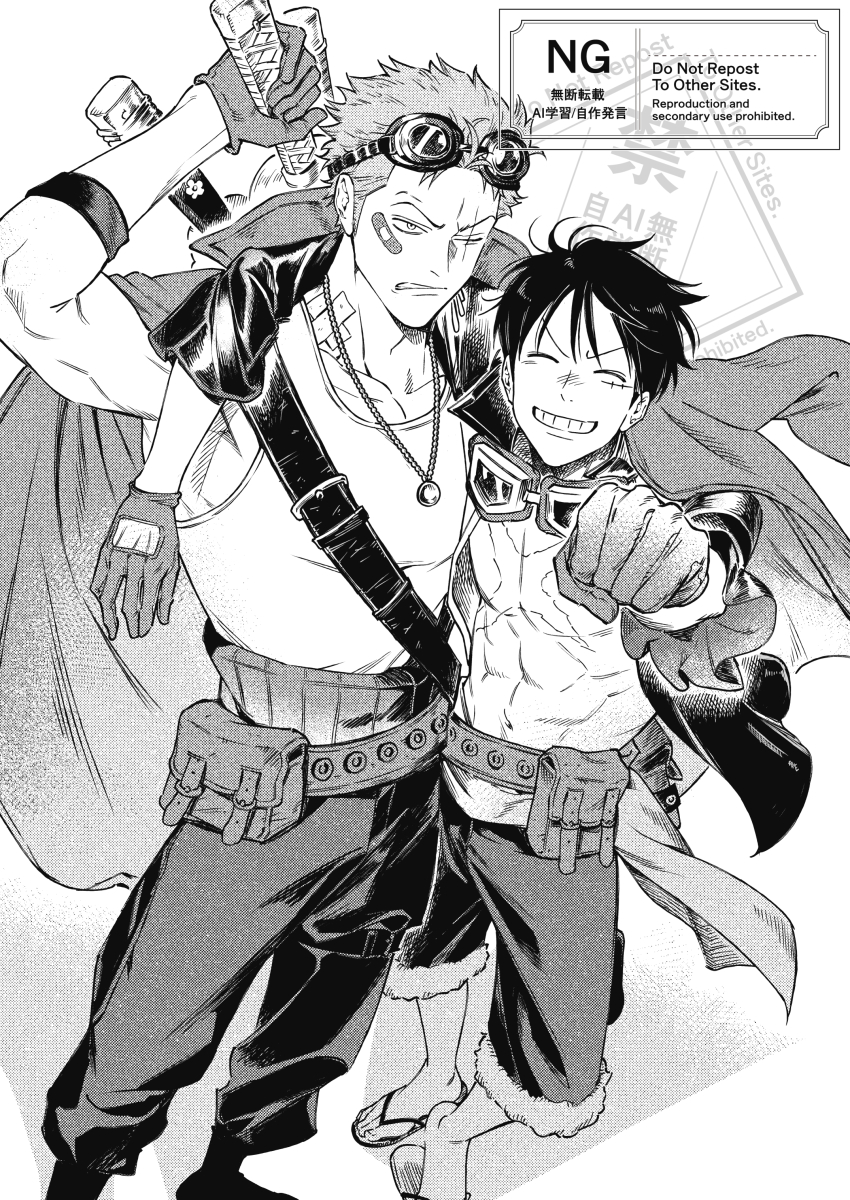 2boys abs absurdres alternate_costume arm_around_shoulder arm_up bandaid bandaid_on_cheek bandaid_on_face belt closed_eyes coat coat_on_shoulders commentary cross_scar evrinuk facial_scar facing_viewer feet_out_of_frame fur-trimmed_shorts fur_trim gloves goggles goggles_around_neck goggles_on_head greyscale grin haramaki highres holding holding_sword holding_weapon jewelry katana male_focus monkey_d._luffy monochrome multiple_boys necklace one_piece pants raised_fist roronoa_zoro sandals sash scar scar_across_eye scar_on_cheek scar_on_chest scar_on_face short_hair shorts smile standing sword sword_on_back symbol-only_commentary tank_top weapon weapon_on_back
