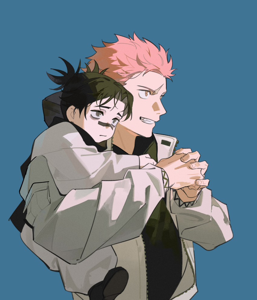 2boys aged_down aged_up black_hair black_shoes blue_background brown_eyes carrying carrying_person child choso_(jujutsu_kaisen) closed_mouth curtained_hair double_bun facial_mark grey_eyes grin hair_bun highres itadori_yuuji jacket jujutsu_kaisen long_sleeves looking_ahead male_focus multiple_boys pants pink_hair popped_collar sanpaku scar scar_on_face shoes short_hair simple_background smile teeth unzipped upper_body white_jacket white_pants yi_(826805607) zipper