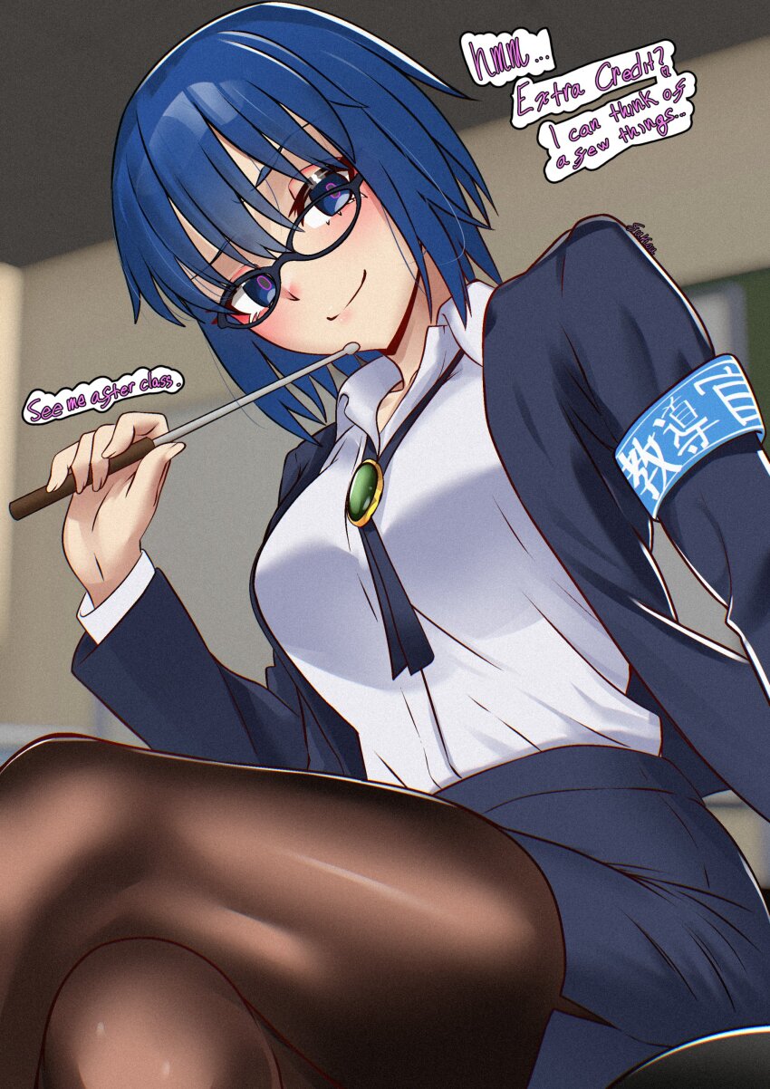 1girl absurdres armband blue_eyes blue_hair blue_jacket blue_skirt breasts brooch brown_pantyhose ciel_(tsukihime) collared_shirt english_text fukou glasses highres jacket jewelry large_breasts long_sleeves looking_at_viewer neck_ribbon pantyhose pencil_skirt pointer ribbon shirt short_hair skirt smile speech_bubble thighs tsukihime white_shirt