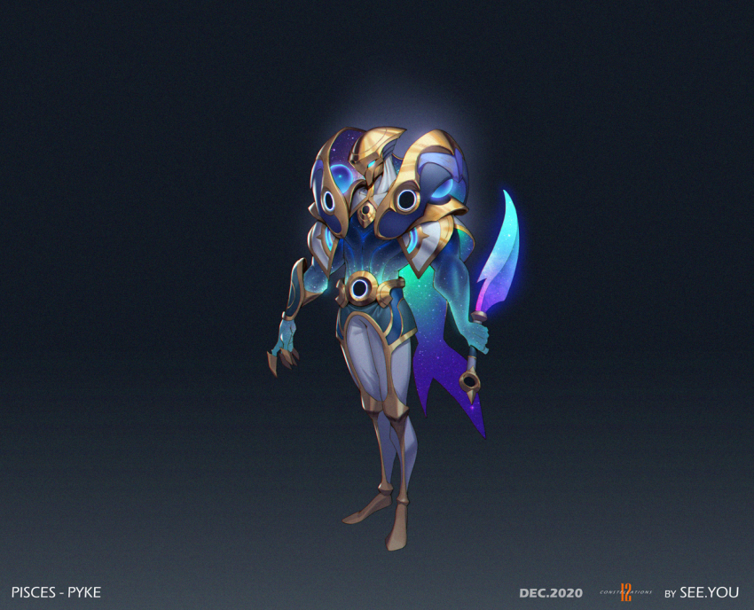 1boy alternate_costume armor artist_name black_background blue_skin cape colored_skin full_body glowing glowing_eyes gradient_background green_skin grey_background grey_pants helmet holding holding_knife knife league_of_legends male_focus mask pants pisces_(zodiac) pyke_(league_of_legends) see_you shoulder_armor solo space_print starry_sky_print zodiac