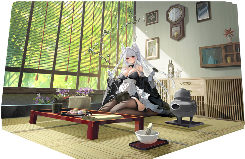1girl absurdres animal apron azur_lane bare_shoulders breasts chagama_(pot) chasen clock closed_mouth cup day detached_collar doll flower full_body gloves hair_ornament hakuryuu_(azur_lane) highres horns hydrokinesis indoors large_breasts long_hair long_sleeves looking_at_viewer maid maid_headdress mimoza_(96mimo414) musashi_(azur_lane) non-web_source official_alternate_costume official_art red_eyes revision shimanto_(azur_lane) shimanto_(the_comfy_dragon_god)_(azur_lane) sitting smile tatami thighhighs thighs waist_apron wall_clock water water_drop white_hair wide_sleeves window yunomi