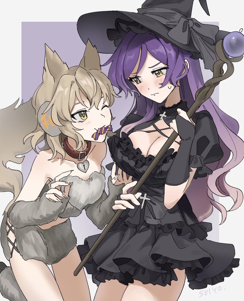 2girls absurdres alternate_costume arm_warmers bare_shoulders black_gloves black_shirt black_skirt blonde_hair blush breasts cleavage collar cowboy_shot earmuffs eye_contact fang frills gloves gradient_hair halloween_costume hat highres hijiri_byakuren holding large_breasts leaning_forward long_hair looking_at_another microskirt multicolored_hair multiple_girls scepter shirt short_hair short_shorts shorts simple_background skirt strapless tail touhou toyosatomimi_no_miko uehara_suiyo witch_hat