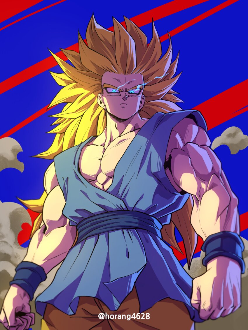 1boy absurdres blonde_hair blue_background blue_eyes blue_tunic clenched_hands cowboy_shot dougi dragon_ball dragonball_z eye_trail glowing glowing_eyes highres horang4628 light_trail long_hair male_focus muscular muscular_male pants simple_background solo son_goku spiked_hair super_saiyan super_saiyan_3 tunic twitter_username yellow_pants
