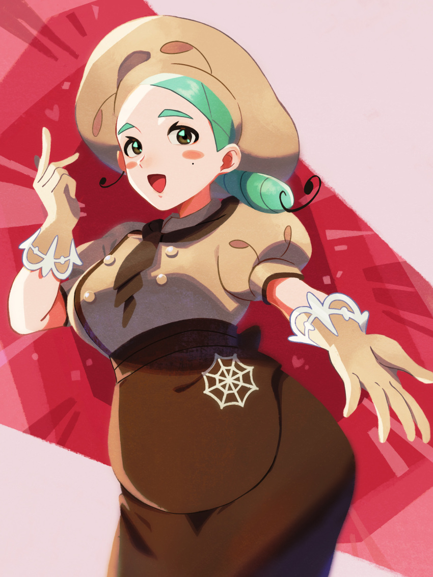 1girl :d absurdres apron ascot blush brown_apron brown_ascot brown_skirt buttons commentary_request gloves green_hair hand_up hat highres katy_(pokemon) long_hair low_side_ponytail mole mole_on_cheek nintendo nori_(hgdm2784) open_mouth pokemon pokemon_sv puffy_sleeves shirt skirt smile solo spider_web_print tongue waist_apron