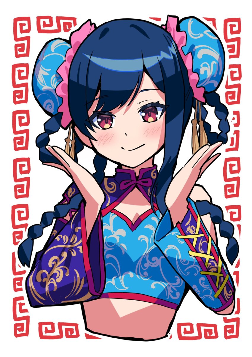 1girl blue_hair blue_shirt blue_sleeves blush braid braided_hair_rings bun_cover chinese_clothes cleavage_cutout closed_mouth clothing_cutout collar commentary_request cropped_shirt cropped_torso denonbu detached_sleeves double_bun floral_print hair_bun hair_rings hands_up highres long_hair looking_at_viewer midriff official_alternate_costume purple_collar purple_sleeves red_eyes shinonome_kazune shirt smile solo suishin_(suisin_10920m) tassel wide_sleeves
