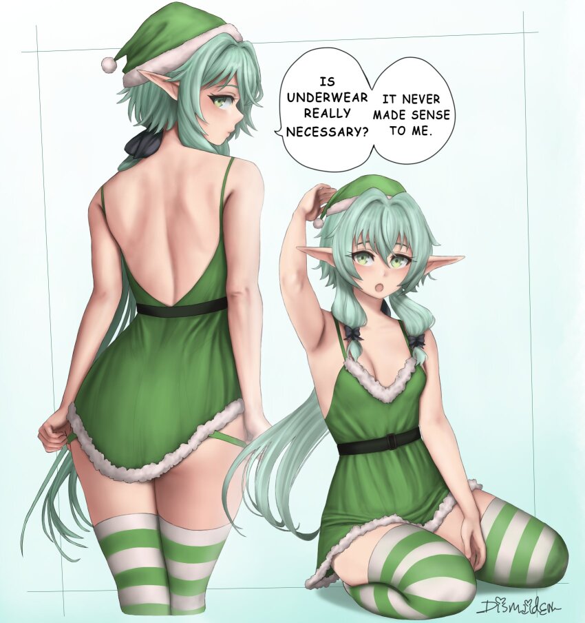 1girl :o artist_name back breasts christmas commentary dismaiden dress elf english_commentary english_text from_behind goblin_slayer! green_dress green_eyes green_hair hat high_elf_archer_(goblin_slayer!) highres multiple_views panties panty_pull pointy_ears pulling_own_clothes santa_costume santa_dress santa_hat seiza simple_background sitting small_breasts speech_bubble striped_clothes striped_thighhighs thighhighs thighs underwear white_background