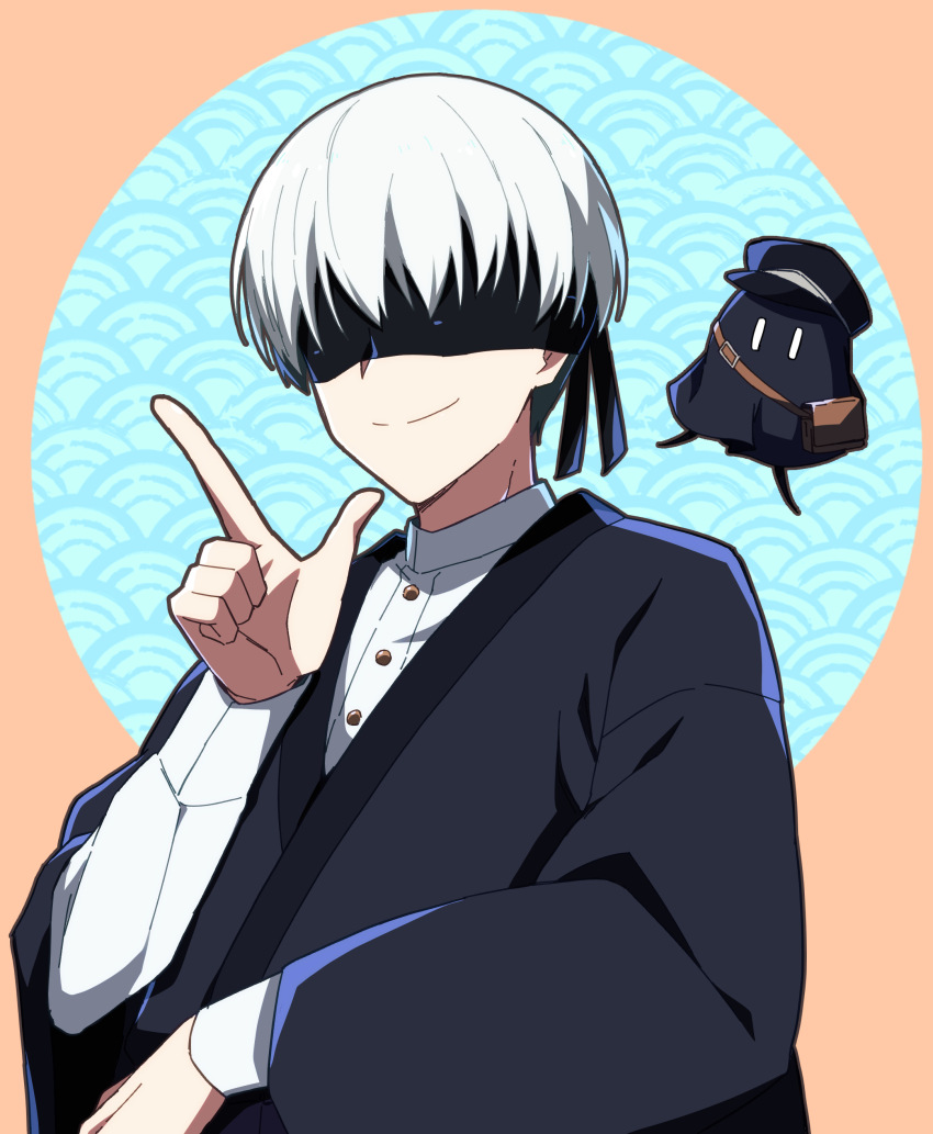 1boy 9s_(nier:automata) absurdres azami_masurao black_blindfold blindfold chibi finger_gun hat highres japanese_clothes male_focus nier:automata nier_(series) short_hair simple_background smile solo upper_body white_hair