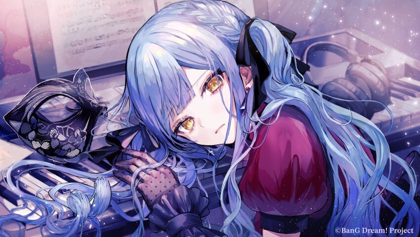 1girl bang_dream! bang_dream!_it&#039;s_mygo!!!!! black_gloves black_mask black_ribbon blue_hair braid closed_mouth earrings gloves guest_art hair_ribbon highres instrument jewelry keyboard_(instrument) long_hair mask masquerade_mask oblivionis_(bang_dream!) official_art pipi_(pipinavigation) puffy_short_sleeves puffy_sleeves red_shirt ribbon sheet_music shirt short_sleeves sidelocks solo togawa_sakiko two_side_up unworn_mask yellow_eyes