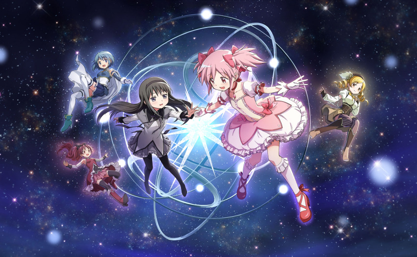 5girls akemi_homura akemi_homura_(magical_girl) beret black_hair blonde_hair blue_hair english_text full_body game_cg hat highres kaname_madoka kaname_madoka_(magical_girl) magical_girl mahou_shoujo_madoka_magica mahou_shoujo_madoka_magica_magia_exedra miki_sayaka miki_sayaka_(magical_girl) multiple_girls official_art pantyhose pink_hair red_hair sakura_kyoko sakura_kyoko_(magical_girl) short_twintails sky space star_(sky) star_(symbol) starry_sky tomoe_mami tomoe_mami_(magical_girl) twintails