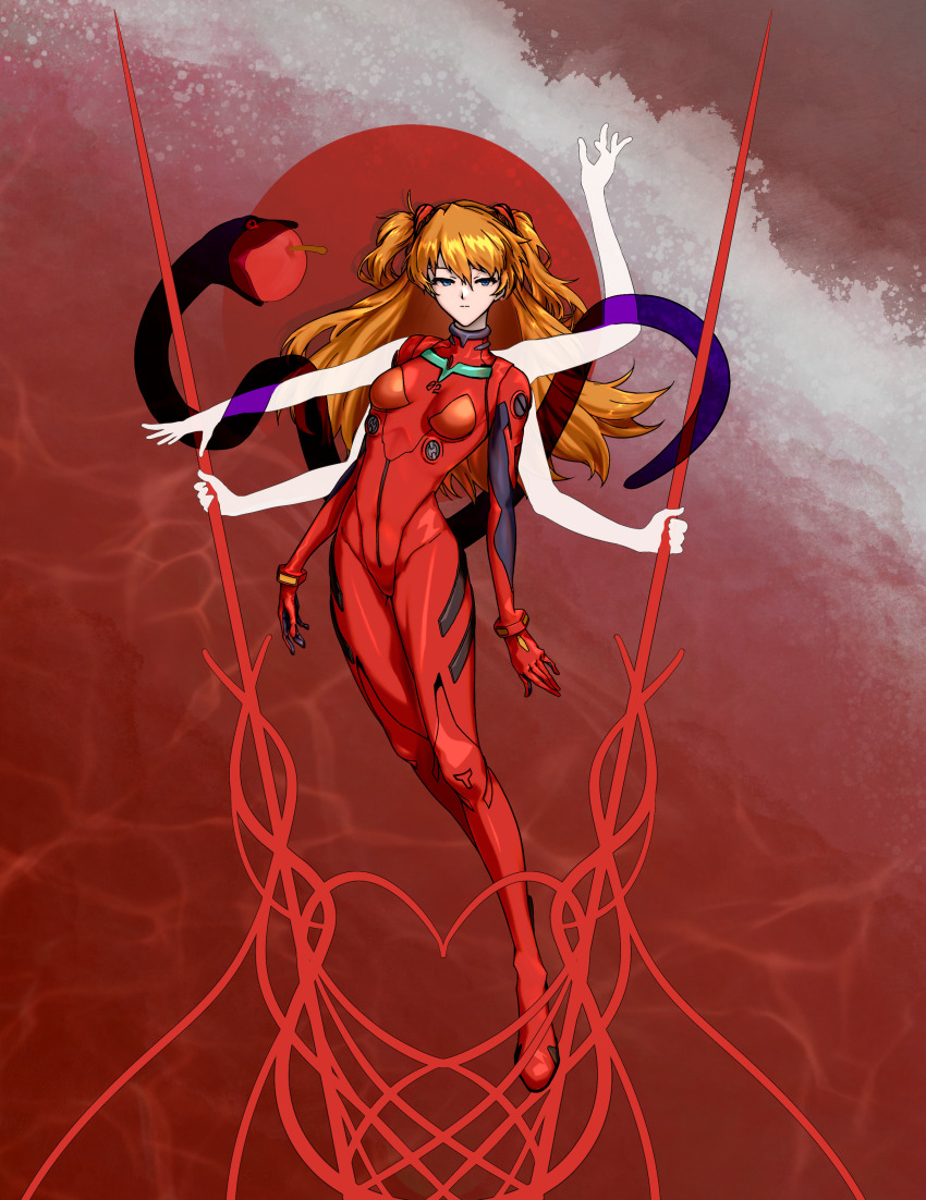 1girl absurdres artist_request blue_eyes bodysuit breasts expressionless extra_arms half-closed_eyes highres holding holding_lance holding_polearm holding_weapon interface_headset_(evangelion) lance long_hair mecha_pilot_suit medium_breasts neon_genesis_evangelion orange_hair plugsuit_(evangelion) polearm red_bodysuit shiny_clothes simple_background solo souryuu_asuka_langley two_side_up weapon