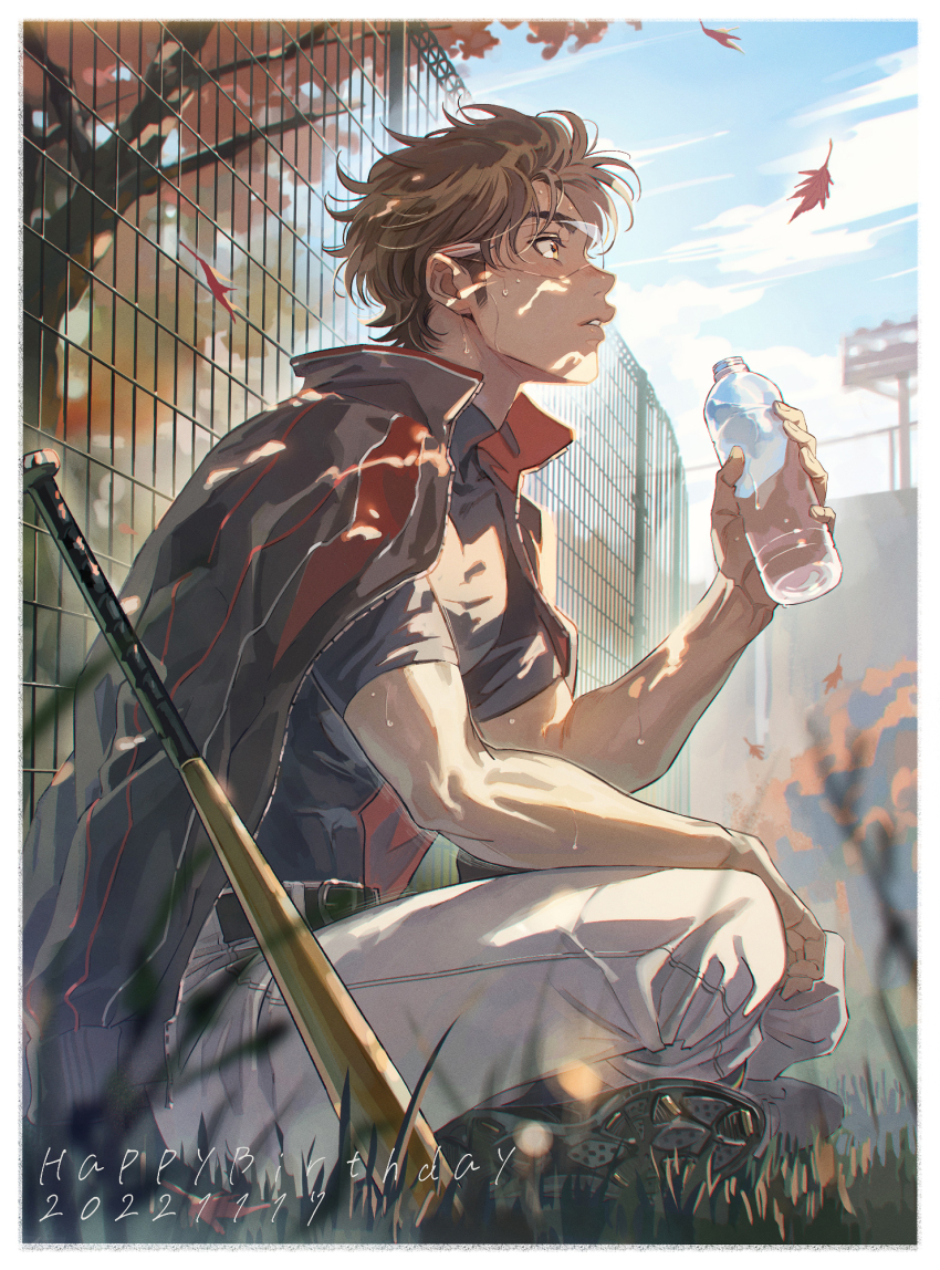1boy ace_of_diamond baseball_bat black_shirt border bottle brown_hair commentary_request compression_shirt from_side goggles happy_birthday highres holding holding_bottle male_focus miyuki_kazuya pants sato_(sato_1_11) seidou_high_school_jacket shirt short_hair sitting solo teeth water_bottle white_border white_pants yellow_eyes