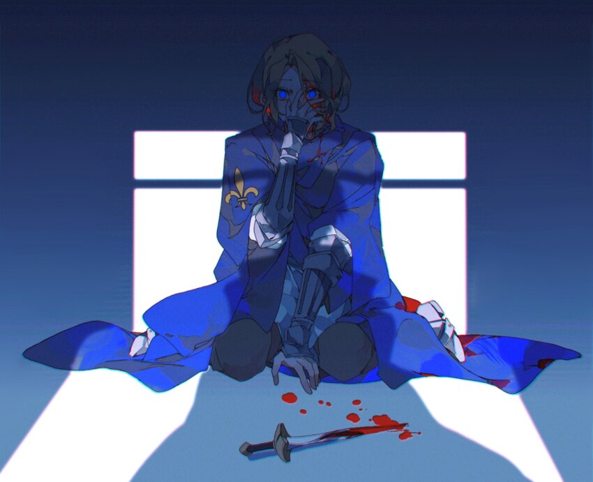 2boys absurdres axis_powers_hetalia blonde_hair blood blood_in_hair blood_on_clothes blood_on_face bloody_weapon blue_cloak cloak cyuer11 fleur-de-lis france_(hetalia) hand_on_own_face highres knife male_focus multiple_boys purple_eyes shade shadow short_hair sitting solo_focus united_kingdom_(hetalia) wariza weapon wide-eyed