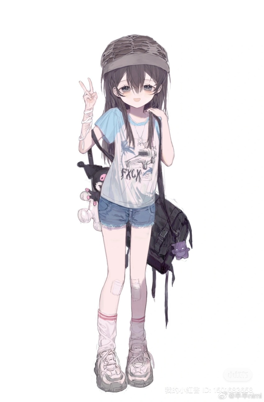 1girl :d backpack bag bag_charm banbanimi bandages bandaid bandaid_on_knee bandaid_on_leg black_hair blue_shorts blush brown_hair charm_(object) clothes_writing denim denim_shorts full_body gun hair_between_eyes hand_up hat highres long_hair looking_at_viewer open_mouth original shirt shoes short_shorts short_sleeves shorts simple_background smile sneakers socks solo standing v watermark weapon white_background white_socks