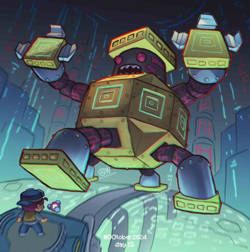 1boy absurdres artist_logo atsushi_(digimon_world_3) blue_hat chibi cwdw digimon digimon_(creature) digimon_world_3 hat highres logo non-humanoid_robot robot twitter_username valvemon vest yellow_vest