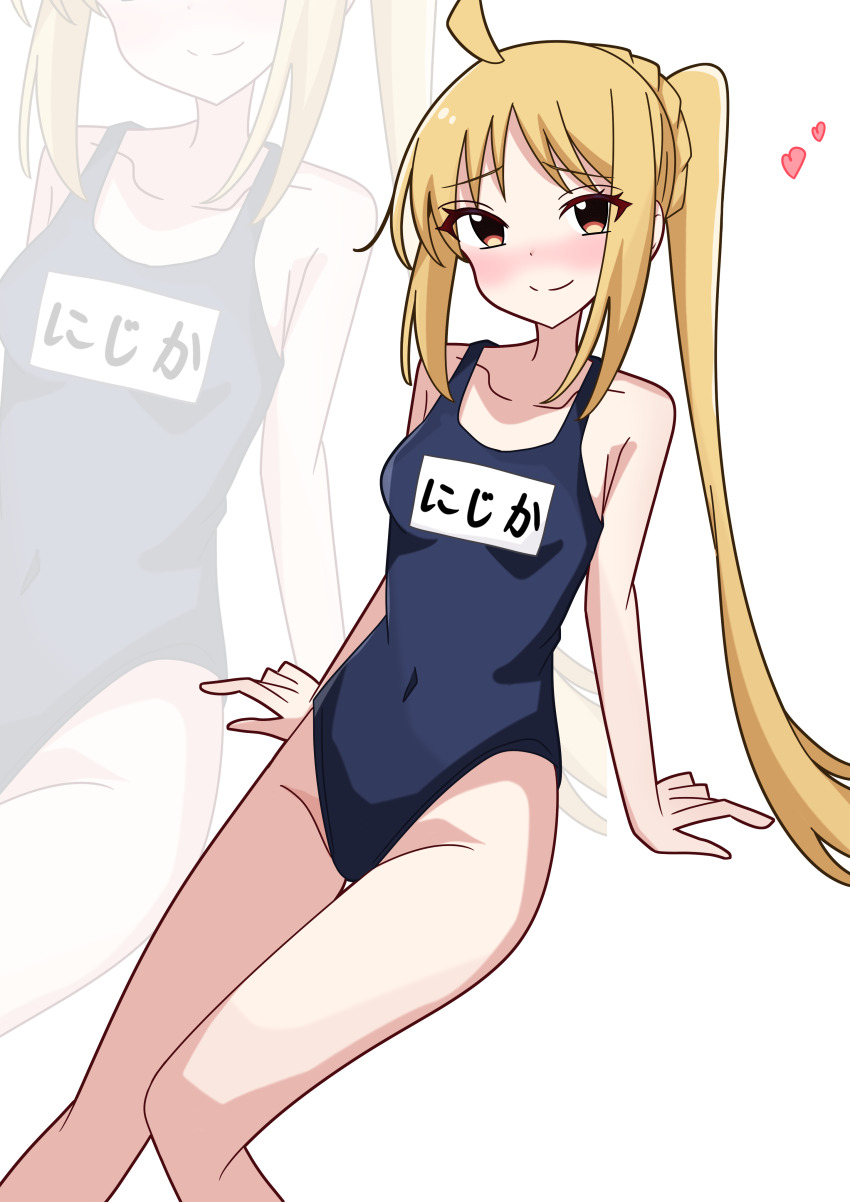 1girl absurdres ahoge blonde_hair blue_one-piece_swimsuit blush bocchi_the_rock! commentary_request embarrassed feet_out_of_frame highleg highleg_one-piece_swimsuit highres ijichi_nijika invisible_chair long_hair motti_(motthi0711) name_tag new_school_swimsuit nose_blush one-piece_swimsuit red_eyes school_swimsuit side_ponytail simple_background sitting solo swimsuit white_background zoom_layer