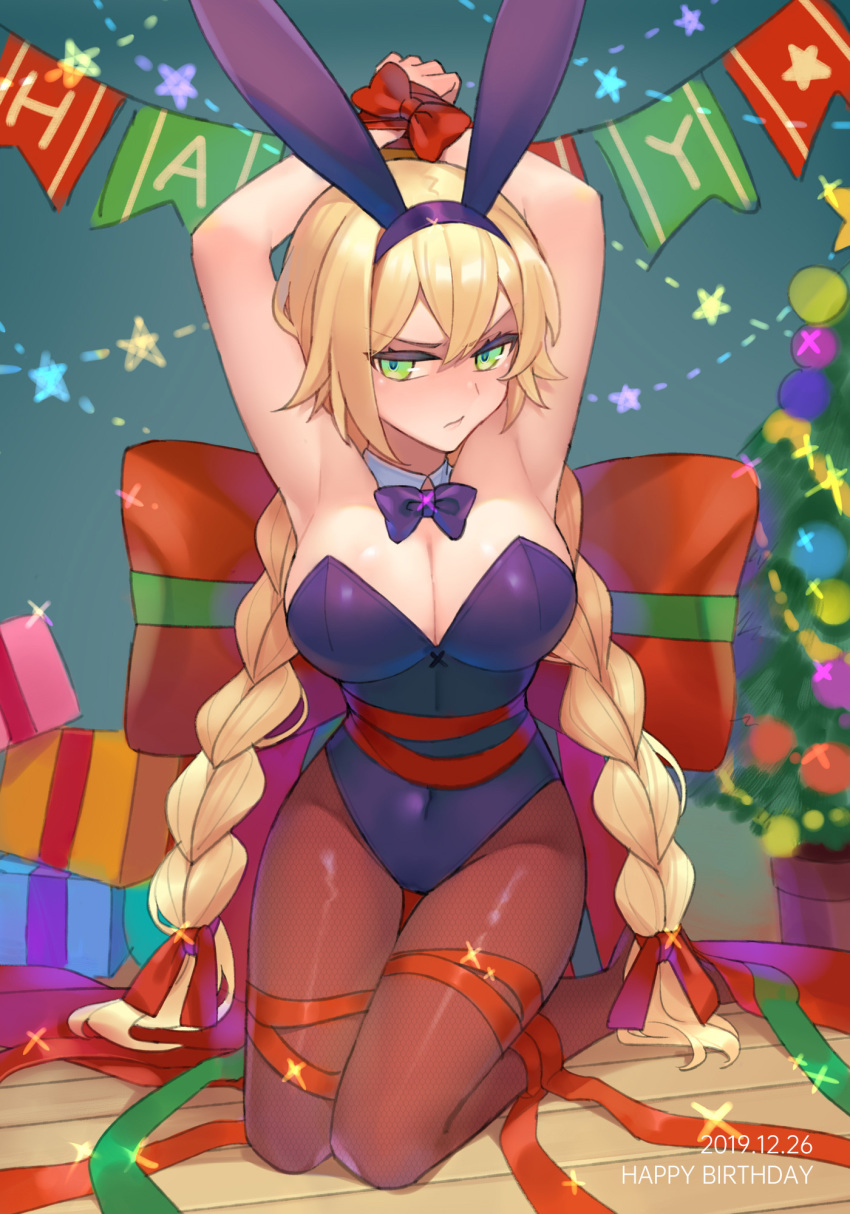 1girl animal_ears armpits arms_up blonde_hair bound bound_wrists bow bowtie braid breasts christmas_tree covered_navel dated detached_collar fake_animal_ears female_focus gift green_eyes happy_birthday highres kneeling large_breasts leotard nashi_(tidal0414) original pantyhose playboy_bunny rabbit_ears ribbon ribbon_bondage solo twin_braids