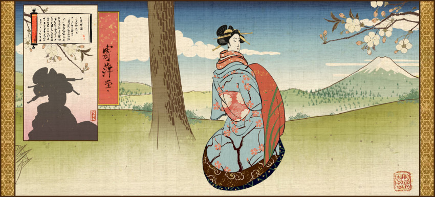 1girl black_eyes black_hair border branch brown_border cloud commentary day english_commentary floral_print flower full_body grass hair_ornament hairpin japanese_clothes kimono leaf mountain official_art open_mouth outdoors roland_macdonald sash silhouette sky solo standing total_war total_war:_shogun_2 tree white_flower